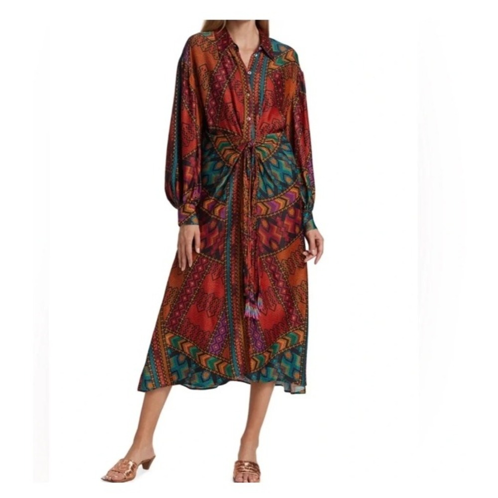 Farm Rio Women L Yawanawa Stripes Midi Dress Multi Color Boho Sustainable NWT - Picture 2 of 16